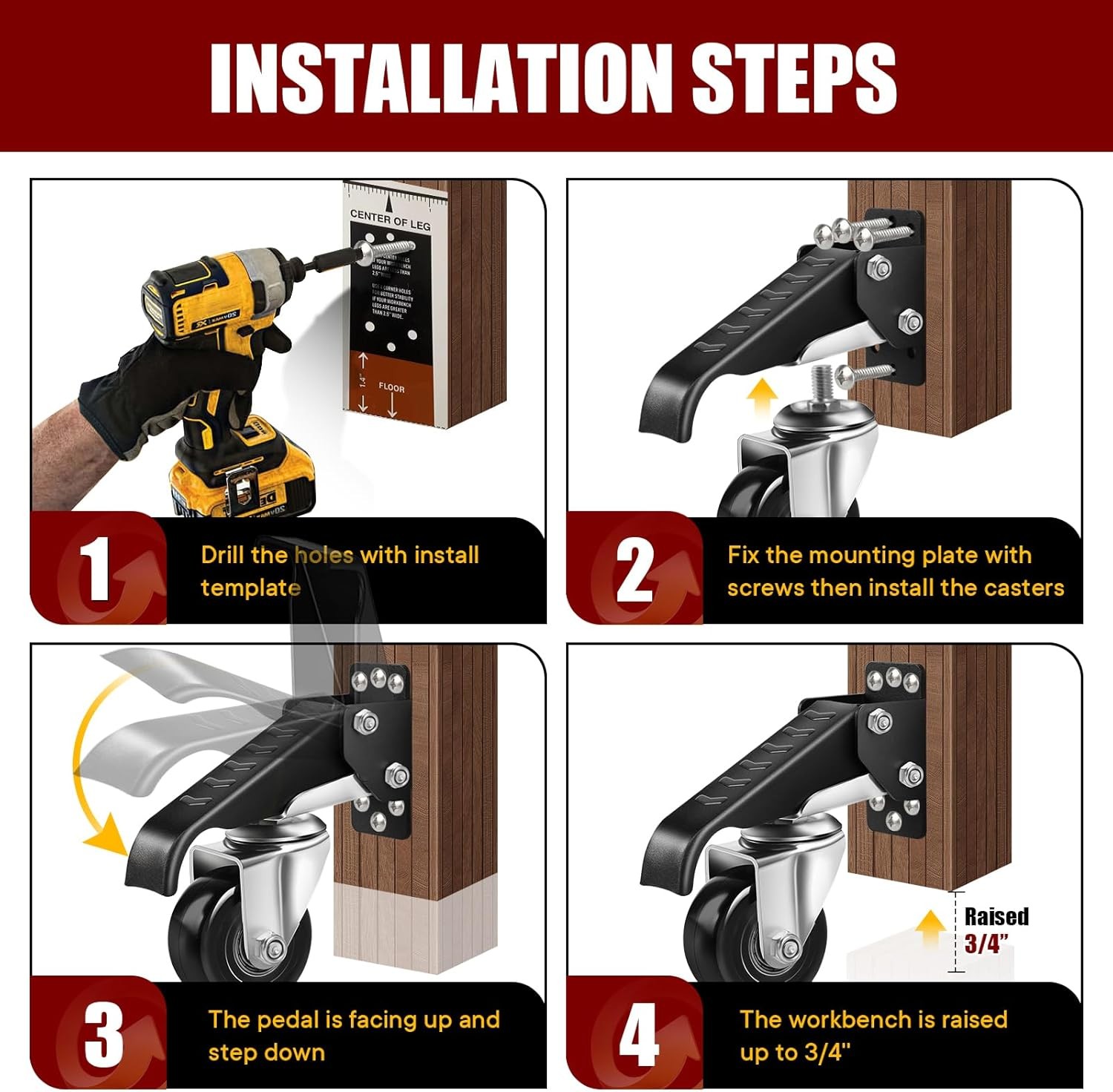 4Pk Retractable Workbench Caster Wheels for Workbenches Machinery Tables, 700Lbs