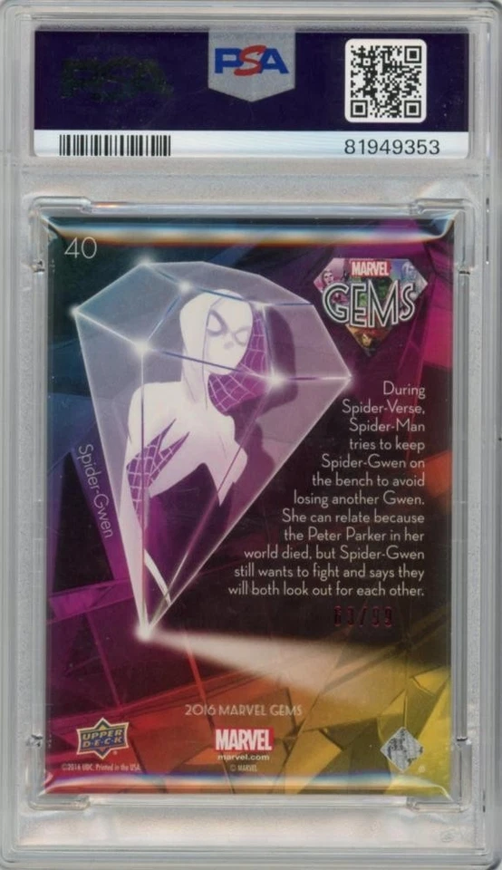 Spider-Gwen 2016 UPPER DECK #40 Marvel Gems  Ruby 63/99 PSA 8 - Image 2 of 2