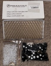 Case of 144 Premium Glass Vials 5/8 Dram Clear w Plastic Caps Orifice Reducers