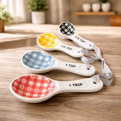 Gingham Paws Measuring Spoons 4 pc Set 1 TBS 1 tsp 1/2 tsp 1/4 tsp COTTAGECORE