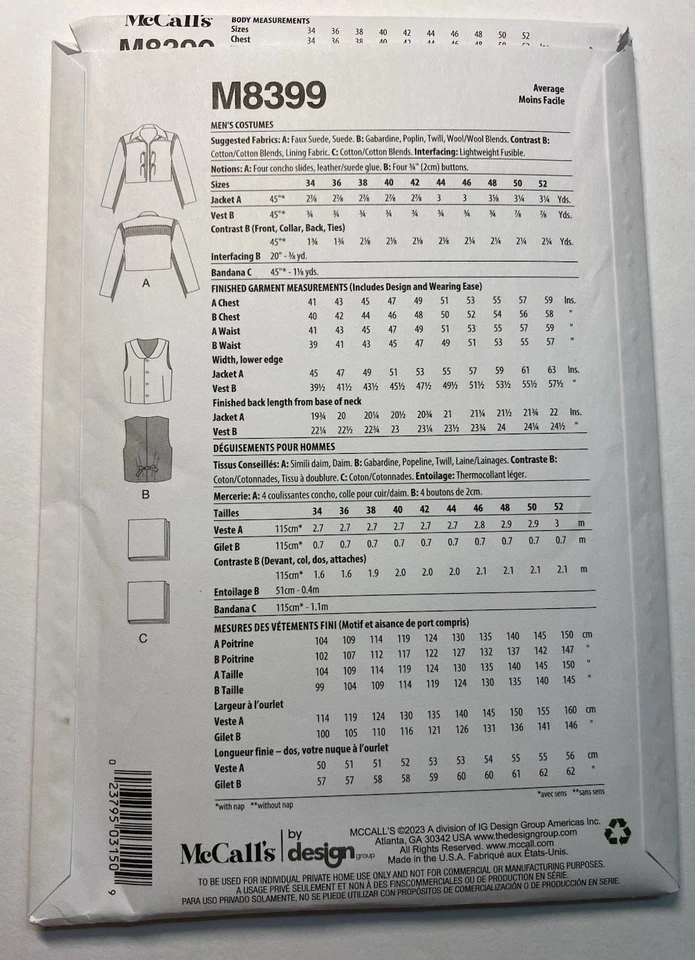 M8399 UNCUT ‘McCalls’ SEWING Pattern - ‘Men’s Western Fringed Jacket & Vest” - Image 2 of 4