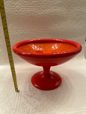 Raymor Italy Pottery Compote Red Orange footed stand bowl Fruit MidCentury