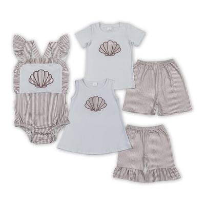 Sibling Baby Boys and Girls Embroidery Shell Matching Outfit and Romper