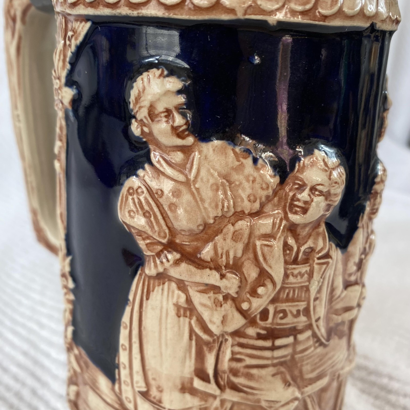 Vintage Gerz Germany Lidded Beer Stein Pewter Lid Tavern Scene Relief Ceramic