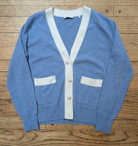 Sandro, Sandro Women's Wool Cashmere Pointelle Cardigan Size 1 S Blue Ecru Pearl Button