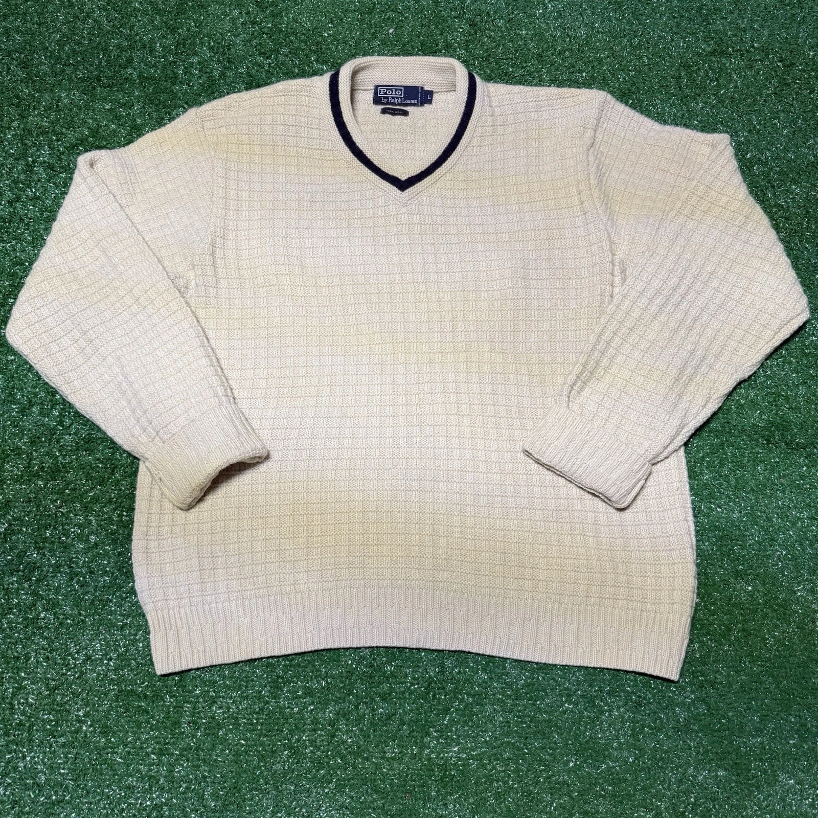 SUPREME Polo Ralph Lauren vintage maglione uomo L beige pullover girocollo 100% lana