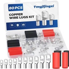 80PCS Copper Wire Lugs Battery Cable Ends AWG 2 4 6 8 10 12 Gauge Connectors 3