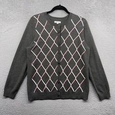 Croft Barrow Womens Cardigan Gray Argyle Diamond Long Sleeve Button Up Size M