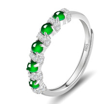 Certified 925 Silver Natural Burma icy Green Jadeite Ring 6 beads