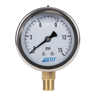 Pressure Gauge,Glycerin Filled,2-1/2'',0-15 psi ( single scale) ,1/4 NPT lower