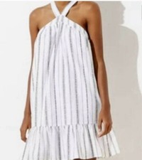 NWT LOFT Beach Women's Halter Dress Size 14 Stripped White Gray Coastal Grandma