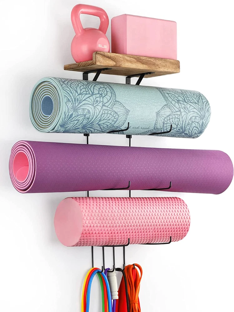 Yoga Mat Holder Wall Mount Yoga Mat Storage Home Gym Accessories with Wood Float