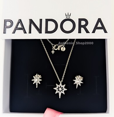 NEW 100% PANDORA 925 Sparkling Northern Star Earrings Necklace Jewelry Gift  Set