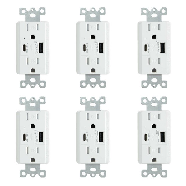 6 PK 4.2A Dual USB Wall Outlet TypeC USBC Charger TR Receptacle w