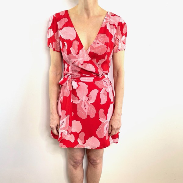 COH & Hansen & Gretel Size M 10 12 Pink Red Floral Silk Orchid Mini Wrap Dress