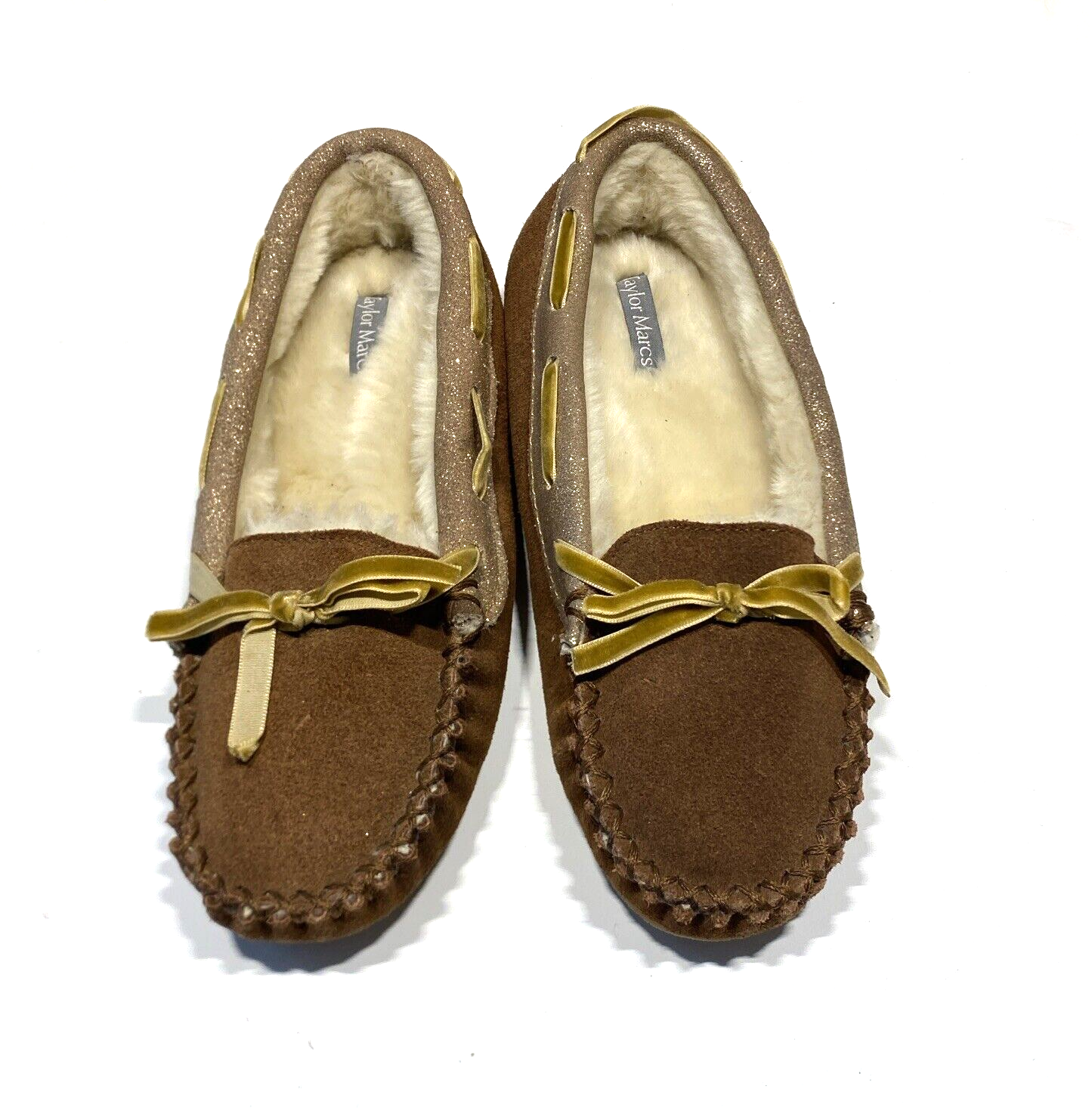 PANTOFOLA D’ORO Ciabatte mocassino TAYLOR MARCS marrone scamosciato bordo oro glitter fodera pelliccia sintetica 8