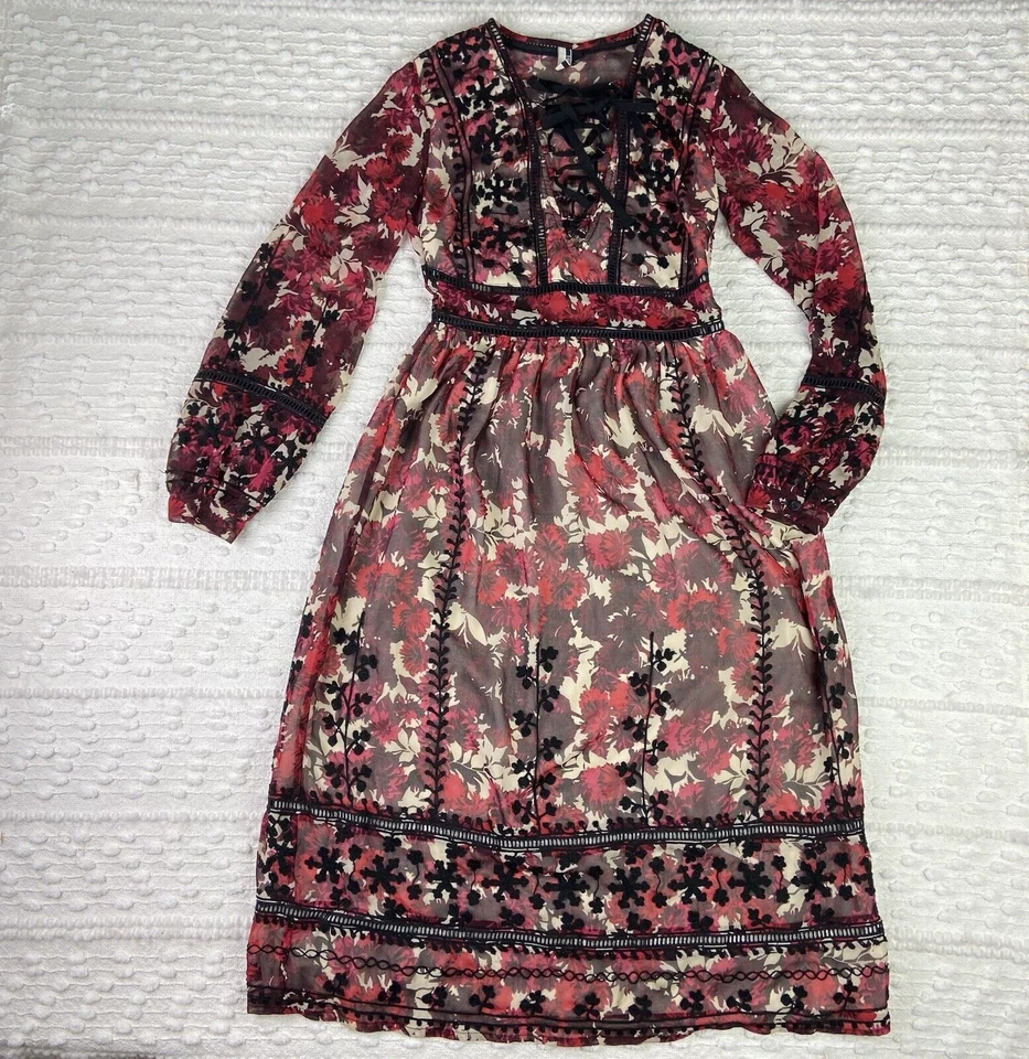 Женское платье миди Topshop с цветочным рисунком на шнуровке спереди размер 36 США 4 бордовое осень богемное - Изображение 3 из 4