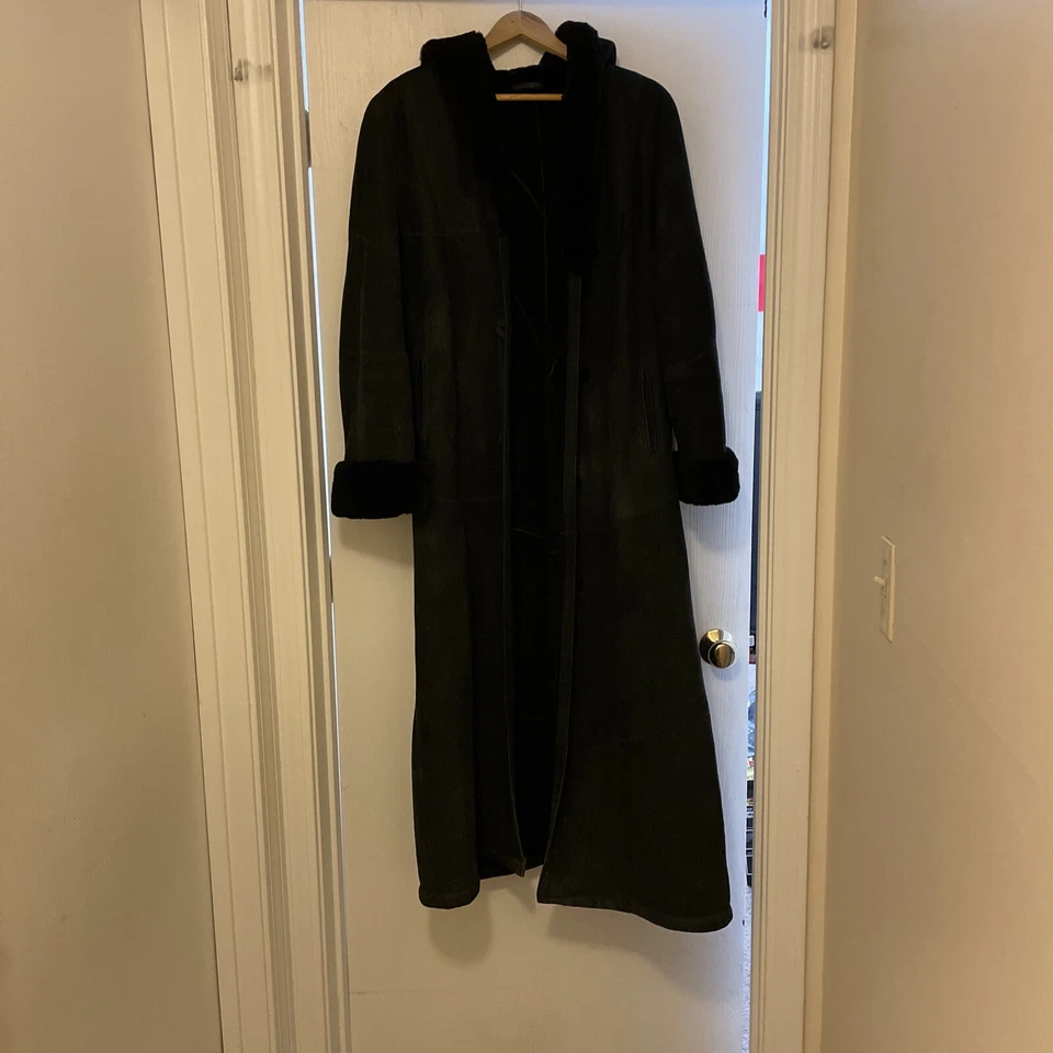 Abrigo Bonz Vintage Negro Talla Grande Piel de Cordero Piel de Oveja Maxi Largo Hecho a Mano