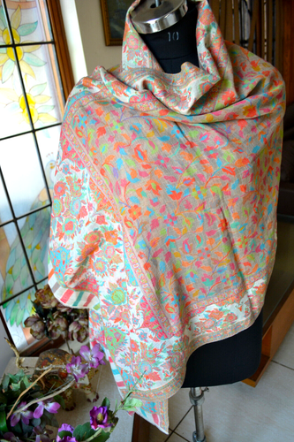 FLORAL NÜCHTERNE FARBEN STOLA HANDGEWEBT KANI JAMAVAR SCHAL 100% KASCHMIR PASHMINA - Bild 7 von 7
