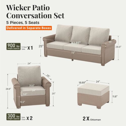 5 Piece Patio Wicker Rattan Conversation Set Outdoor Furniture Set with Cushions - Picture 2 of 10