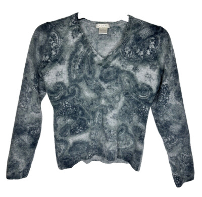 Kenar 2-Ply Cashmere Sweater Girls XL Gray Marbled Paisley V-Neck Crop Soft
