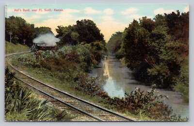 Postcard KS Ft Scott Hell's Bend Train Approaching Railroad Creek Water J5