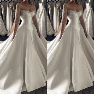Elegant Wedding Dresses Off Shoulder Rhinestone Beaded Satin A Line Bridal Gowns