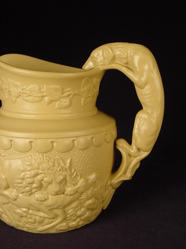 RARE mid-1800s SMALL RIDGWAY HOUND HANDLE DOG PITCHER YELLOW WARE MINT - Picture 5 of 12