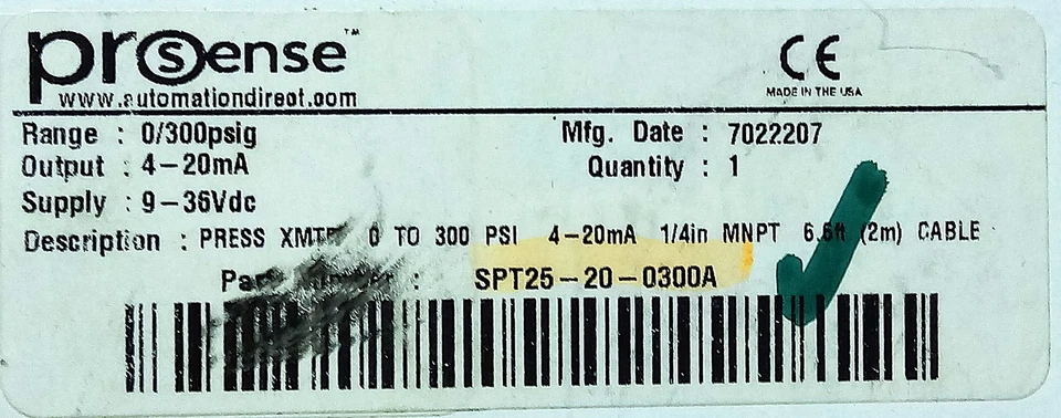 AutomationDirect SPT25-20-0300A PROSense 9-36 V DC 0-300 psi Pressure Transducer - Image 2 of 3