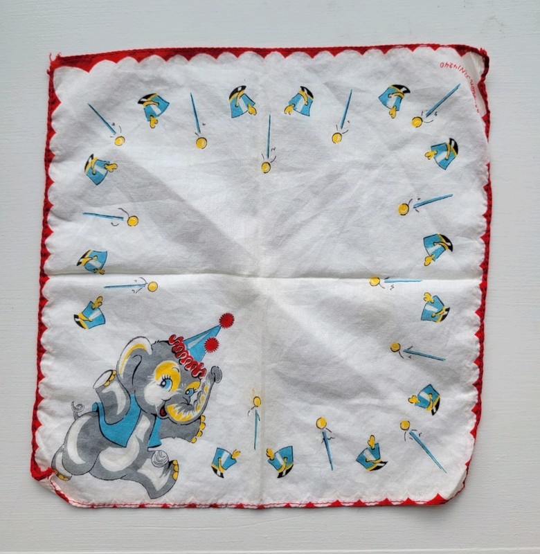 Vintage Elephant Circus Theme Cotton Handkerchief 8.75" x 8.50" Nice!