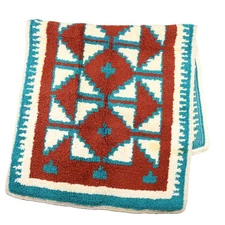 Vintage Southwestern Geometric Wool Accent Rug Teal Red Cream Tribal Latch hook