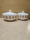 Vintage 2 Pcs FEDERAL Milk Glass Covered Baking Dishs Brown Sunflower 9.5" & 8"