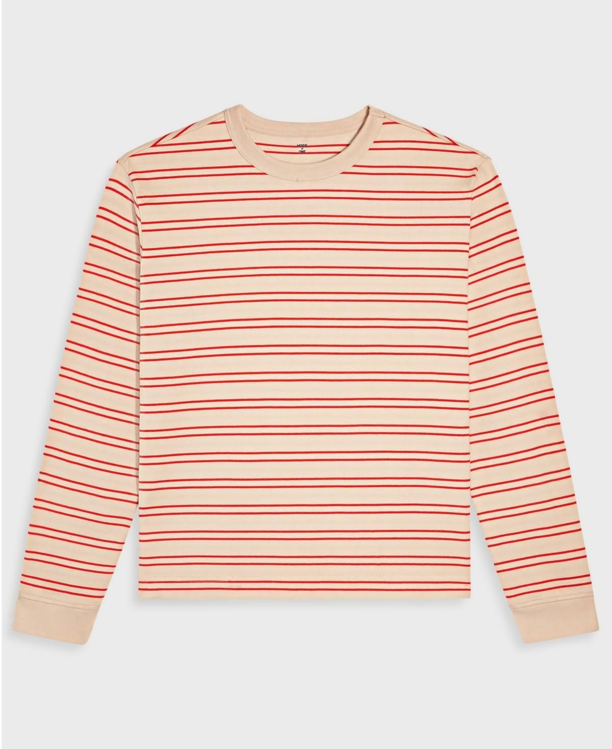 Mode of One Mens Long-Sleeve Relaxed Stripe T-Shirt Cinnamon Brulee Size XL