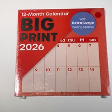 2026 BIG PRINT 12 Month Hanging Wall Calendar XL Writing Spaces 12x24