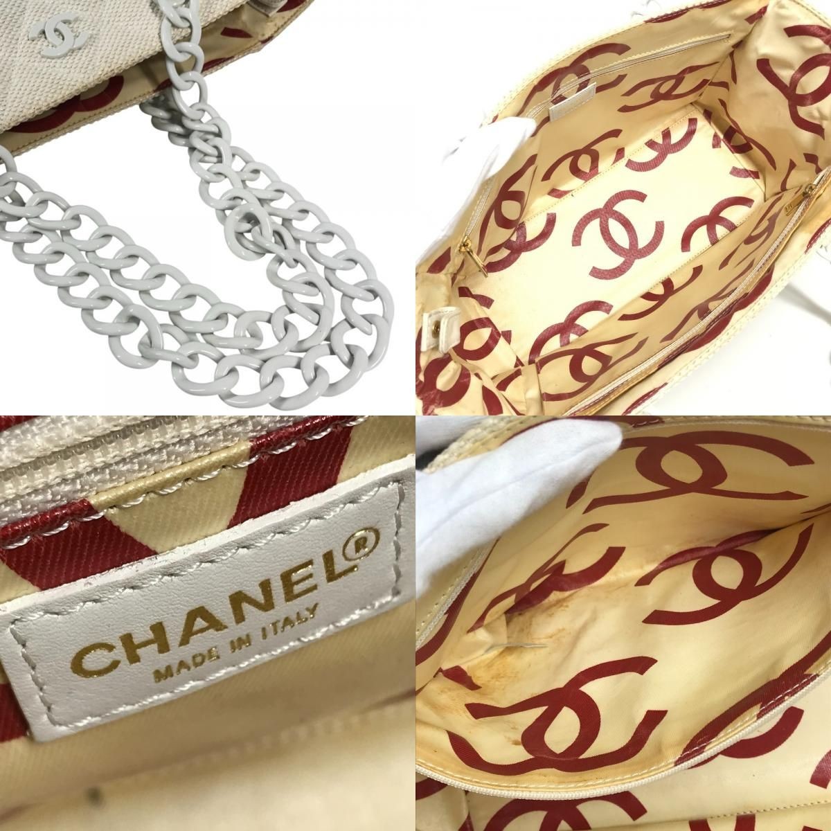 Chanel Matelasse Tote Shoulder Bag White Straw Plastic Chain Authentic Used image 9
