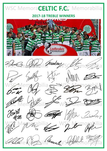12830. 2017-18 Glasgow Celtic Signed Team Photo Sheet PRINTED AUTOS A4 Treble