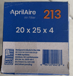 AprilAire 213 Air Filter MERV 13 20x25x4 Removes Allergens