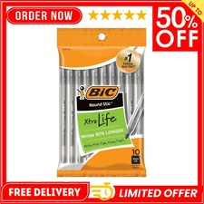 BIC Round Stic Xtra Life Black Ballpoint Pens, Medium Point (1.0mm), 10-Count !!