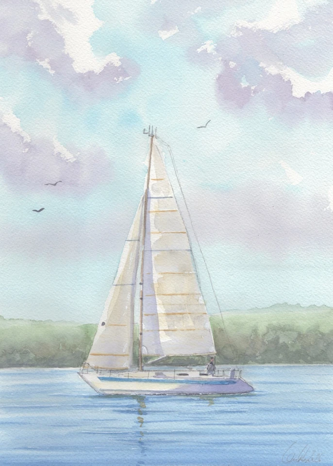 Original Aquarell -Sand,Meer,Natur,Landschaft - Segelboot - Bild 1 von 1