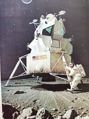 Mans 1st Step Moon Apollo 11 Team Norman Rockwell Vtg Double Sided Book Print