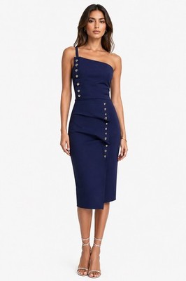 CHIARA BONI La Petite Robe Blue Button Detail Stretch Cocktail Dress 38 = 2 = XS