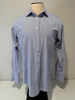 T.M.Lewin Dress Shirt Men's 16.5 Blue White Striped Cotton Formal Regular Fit