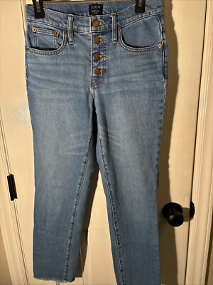 J. Crew Stretch Essential Straight Blue Jean Ladies 26 Button Fly Frayed Edge