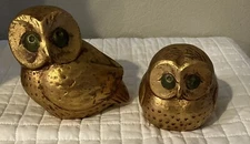 Vintage Jaru California Pottery Gold Chalkware Owls 5” and 3.5” 1970’s