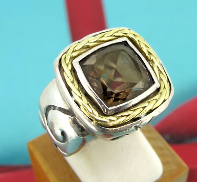 Vintage Designer ZINA 18k Gold & Sterling Silver Smoky Quartz Ring Size 7