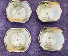 Porcelain Open Salt Cellars Germany Gold Rims Floral Pink Green Roses Set/4 Vtg