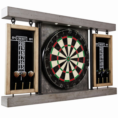 40'' Dartboard Cabinet & Dart Board Set LED Lights 6 Steel Tip Darts and Flights