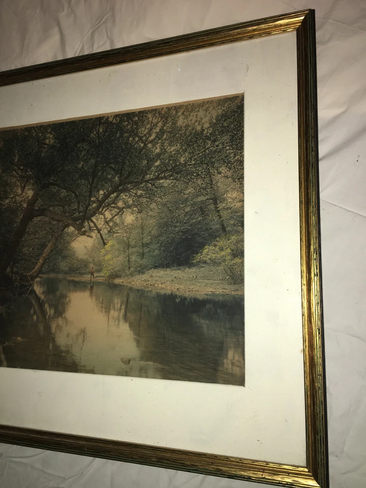 Litografía tintada a mano de la era Art Deco pesca con mosca Foto 3 de 4