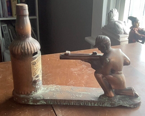 Antique Brass Mechanical Bank. Soldier Shooting Botttle. Southern Comfort. 6" - Picture 3 of 6