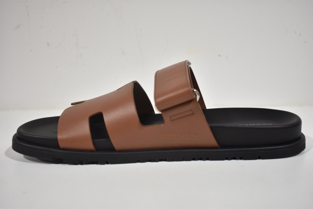 Hermes Chypre Sandal Mens Black Brown Leather H Logo Slide  display picture 3